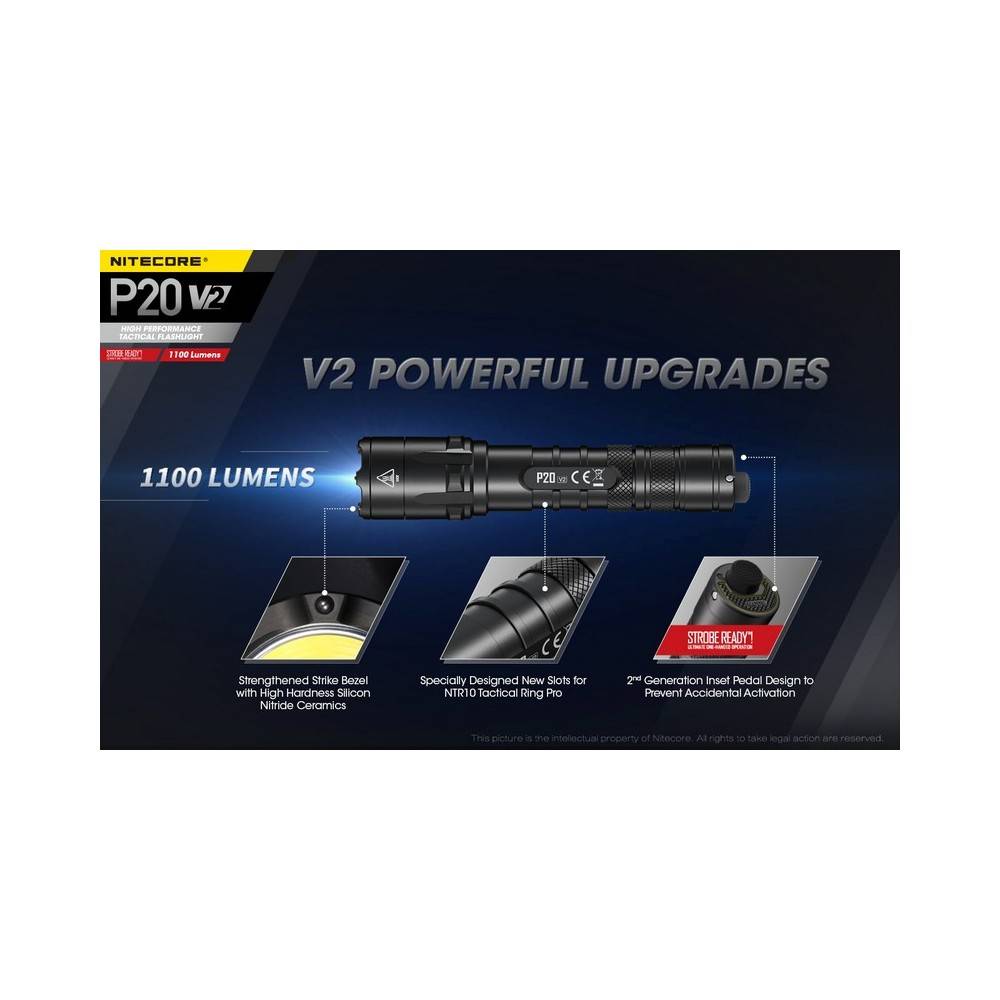 lampe NITECORE P20V2 1100 lumens avec mode stroboscope