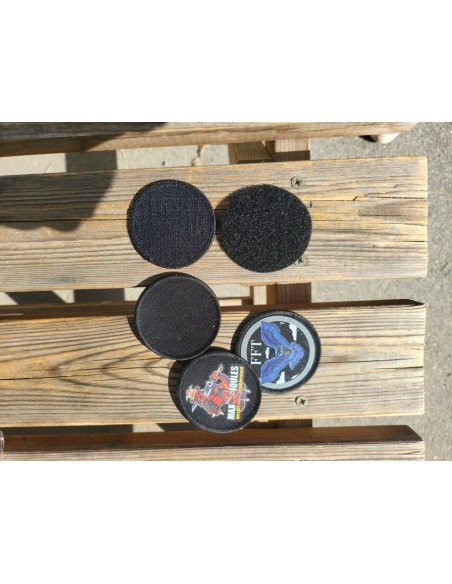 patch imprimé ROND 7cm fond NOIR (minimum par 3) arrière velcro max2joules