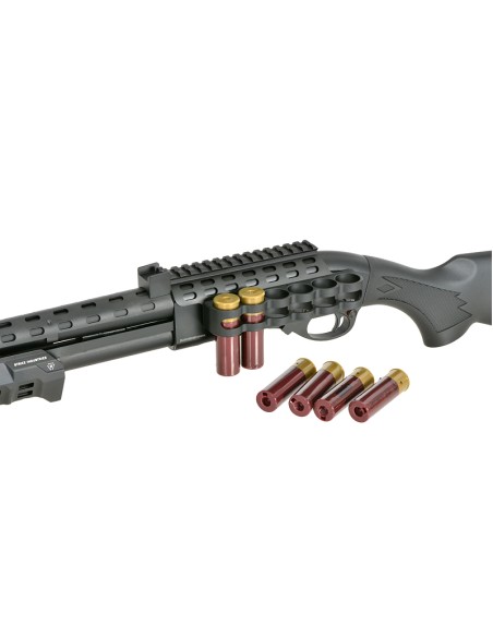 Réplique de fusil à pompe GAZ M870 Strike Industries noire avec porte cartouches