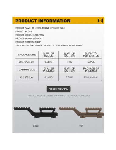 double rail deporté T1 Hydra mount noir WOSPORT WOSPORT airsoft